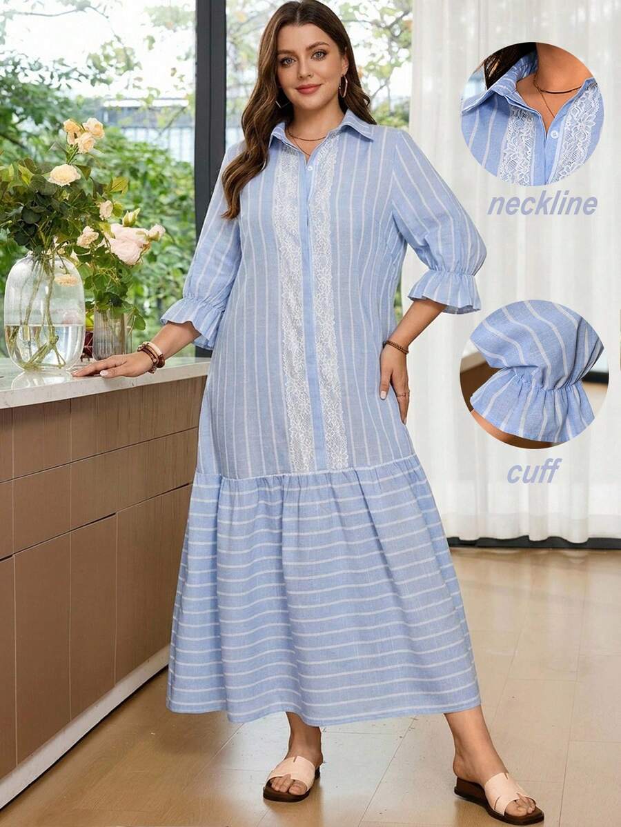 Rosumi Vestido Casual de Festa e Viagem com Listras, Blocos de Cores e Pregas para Mulheres - Multicolorido - Visão 1