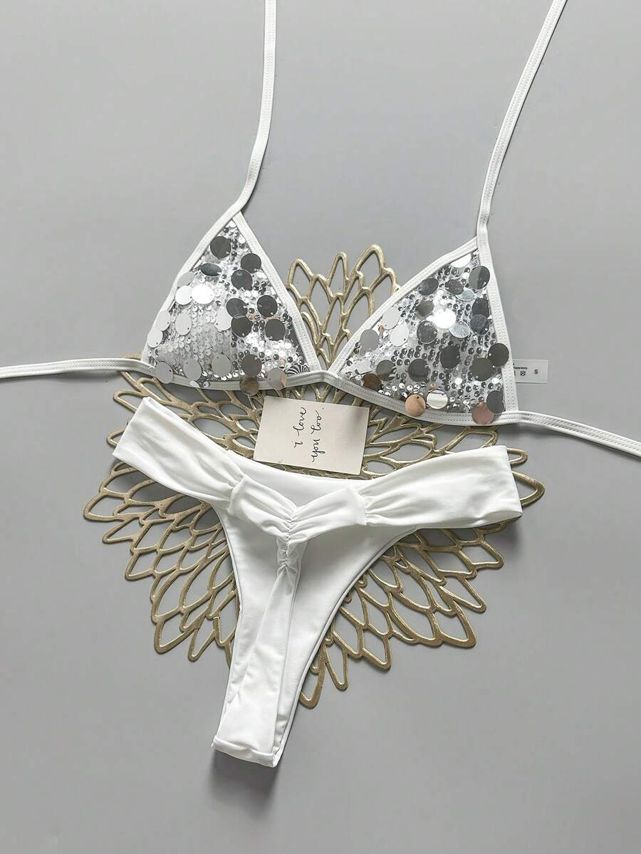 Swim Mod 女款 2 件組香檳金亮片布料三角繫帶上衣與抓皺比基尼泳褲泳裝套裝，適合夏季海灘 - 白色 - 查看 1