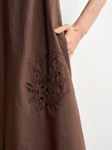 Aalyst Women's Summer Elegant French Romantic Minimalist Sleeveless V-Neck Dress Linen Texture Dark Brown Robe Vacation - Brown - View 6