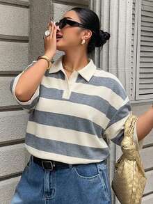 Dazy Plus 女款大尺碼拼色拼接條紋寬鬆 Polo 領中袖休閒夏季 T 恤 - 灰色 - 查看 2