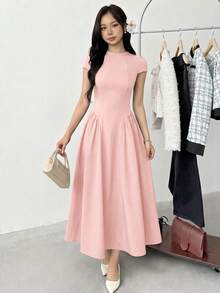 SHEIN Teen Girl Teen Girl Casual Minimalist Comfortable Cinched Waist Solid Color Long Dress - Pink - View 3