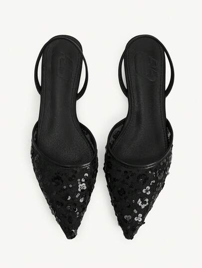 CUCCOO CHICEST Women's Black Sequined Floral Mesh Strap Pointed Flats, Commuting Versatile, Elegant And Fashionable, French Romantic, Date Party Shoes