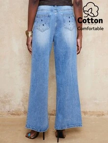 Lumalex Cotten Blend Blue High Waist Wide Leg Jeans With Rhinestone Studs Metal Grommets Front Seams With Back Pockets Perfect For Everyday Wear Commute - Blue and White - View 3