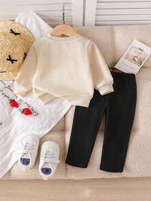 SHEIN Playful Pals 女嬰圓領衛衣套裝，3D蝴蝶結上衣搭配修身長褲，適合外出、居家、校園穿著 - 杏色 - 查看 4