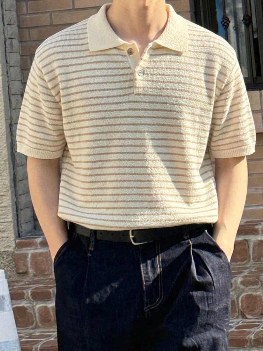 DAZY Atasan Rajut Pria Motif Jacquard Garis-Garis Aprikot untuk Musim Panas - Aprikot - View 1
