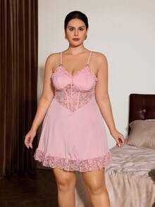 Slumberist Plus Size Women's Light Pink Lace Patchwork Shiny Satin Nightgown Mid-Length Robe 2-Piece Set With Waist Tie, Loungewear Night Autumn - Pink - View 4
