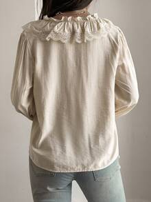 Livesso Women's Elegant Solid Color Lace Trim Ruffle Blouse Vacation - Apricot - View 2