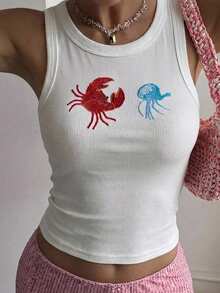 Attriella 夏季海洋螃蟹刺繡白色休閒度假海灘音樂節女款背心可愛上衣 - 白色 - 查看 6