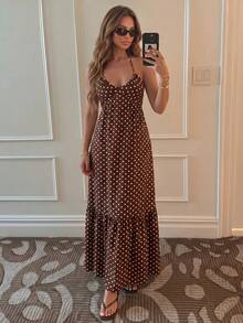 Sunnyshic Petite Vestido largo con escote en V, estampado de lunares, corte halter, espalda descubierta, línea A y volantes en el bajo, adecuado para mujeres de estatura baja, para verano, playa, vacaciones, citas, uso diario - Marrón - Ver 1