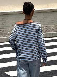 Muchica 女款夏季度假穿搭 藍色條紋露肩寬鬆長袖針織上衣/休閒上衣 - 彩色 - 查看 2