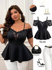 Femmeverse Plus Size Women's Spring/Summer Fashion Elegant Off-Shoulder V-Neck Lace Trim Patchwork Short Sleeve Knit Blouse - Black - View 8