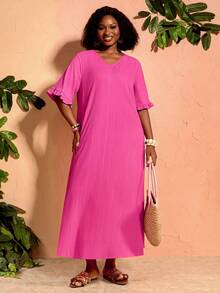 BrightlyHer Plus Size Magenta Dress Long Casual Vacation Summer Spring Clothing Beach Outfits For Women - Hot Pink - View 9
