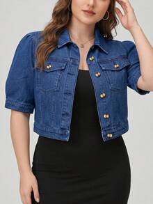 EMERY ROSE Plus Size Women's Cropped Button Puff Sleeve Denim Jacket - Blue - View 1