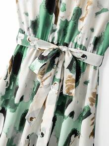 SHEIN Clasi Women's Gradient Dark Green & Brown Digital Print Halter Neck Water Drop Mushroom Button Cinched Cinched Waist A-Line Elegant Vacation Versatile Commute Slimming Dress - Aqua Green - View 4