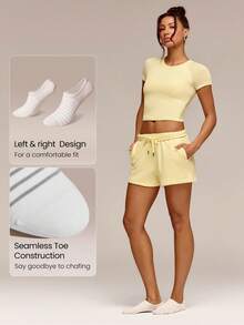 GLOWMODE 3 Pairs Invisible No-Show Socks Walk A Mile Soft Grip Daily Studio Workout Gym - White+ Apricot+Black Stripe - View 4