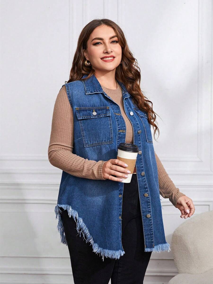 SHEIN CURVE+ 大码女式休闲单排扣毛边牛仔背心外套 - 藍色 - 查看 1