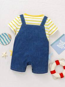 Cozy Pixies Baby Boy Striped Pattern Cartoon Dinosaur Round Neck Short Sleeve Romper - Red - View 2