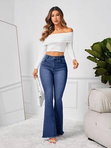 SHEIN Tall Women's Casual Slim Fit Flare Leg Button Fly Jeans, Suitable For Everyday Wear, Tall Women - Teal Blue - View 6