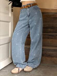DAZY Women's Bow Print Pocket Denim Jeans, Back To School Season Blue And White Summer Casual Style - Blue - View 9