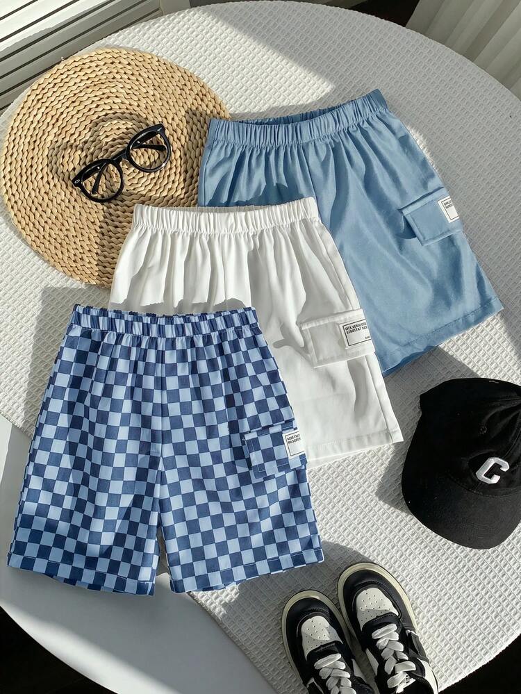 3pcs Kids Young Boy Casual Daily Versatile Comfortable Solid Color Patchwork Pocket Loose Woven Shorts Multi-Pack 3 Styles 1 Each 3-Piece Set Suitable For Commuting School Daily Casual Vacation Travel Sports Spring Summer - Multicolor - View 2
