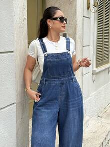 Rivivi Plus Size Women's Summer Curved Leg Denim Overalls Vacation Dusty Blue Casual Traditional Formal - Dark Wash - View 6