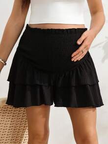 SHEIN Maternity Solid Color Vacation Shirred Design Ruffle Hem Skort - Black - View 6