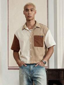 SWAVVY Camisa de manga corta de pana con parches para hombre, primavera/verano - Caqui - Ver 4