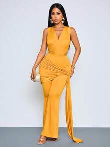 SOLERSUN Women Solid Yellow Deep V Neck Bodycon Jumpsuit, Sleeveless Wrap Ruched Side Drape High Rise Flared Leg Party Jumpsuit - Yellow - View 8