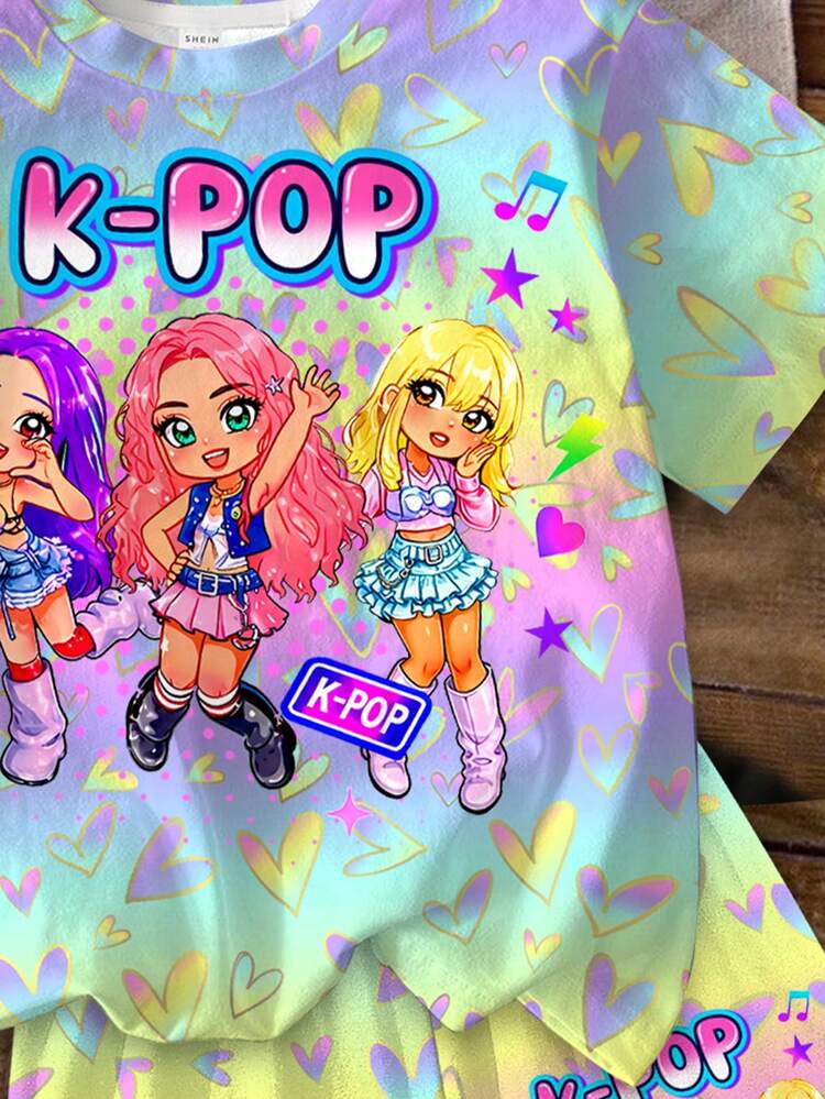 Tween Girl Tween Girl Cartoon Girl Group K-Pop Short Sleeve T-Shirt And Shorts 2 Pieces Set, Suitable For Summer, Kawaii Y2k Graphic, Purple Holiday - Multicolor - View 6