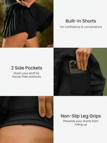 GLOWMODE Soft Swing Built-In Shorts Side Pockets Contrasting Trim Crewneck Ultra-Low Rise Pleated Racerback Tennis Dress Golf Pickleball Daily Casual Wear - Black - View 5
