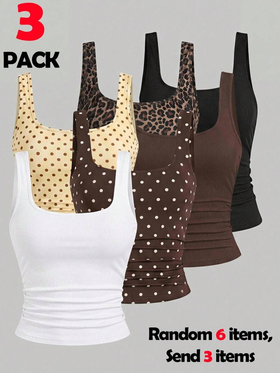 SHEIN Teen Girls Tank Tops & Camis Solid Color & Polka Dot Pattern Square Neck Ruched Waist Slim Fit Camisole 3pcs Set Random 6 Items Send 3items - Multicolor - View 1