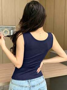DAZY 寬肩帶加厚內墊背心 素色百搭女款四季基礎內搭層 - 藏蓝色 - 查看 2