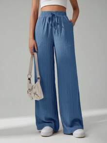 SHEIN Tall 女款純色紙袋腰抽繩舒適極簡長褲，適合日常穿著、聚會、戶外活動、通勤、街頭風、度假 - 藍色 - 查看 3