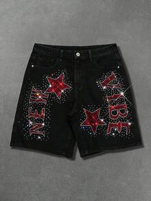 Manfinity EMRG Men's Hip-Hop Street Style Star Rhinestone Club Washed Black Denim Shorts - Black - View 3
