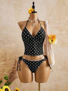 Swim Mod Summer Sweet Cherry Plaid Tank Bikini Set - Black and White - View 11