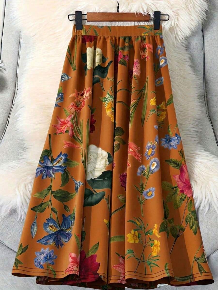 EMERY ROSE Women's Loose Printed Pattern Skirt - Mustard Yellow - View 1