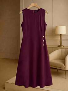 GlowEve CURVE Plus Size Women Solid Color Round Neck Sleeveless Commuter Fashion Dress - Burgundy - View 1