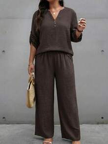 Weeklong Plus Size Women's Spring/Summer Notched Neckline Stud Button Decor Casual Vacation Set - Brown - View 3