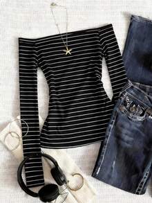 SHEIN 女童復古露肩長袖上衣，條紋圖案修身T恤，時尚百搭條紋復古Y2K風格，適合返校季、假期禮物、春夏季 - 彩色 - 查看 1