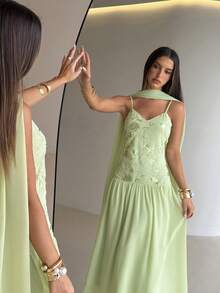 Aloruh Elegante abito da vacanza romantico in chiffon con paillettes e patchwork, con fiocco, stile dea per appuntamenti - Verde - Visualizzare 9