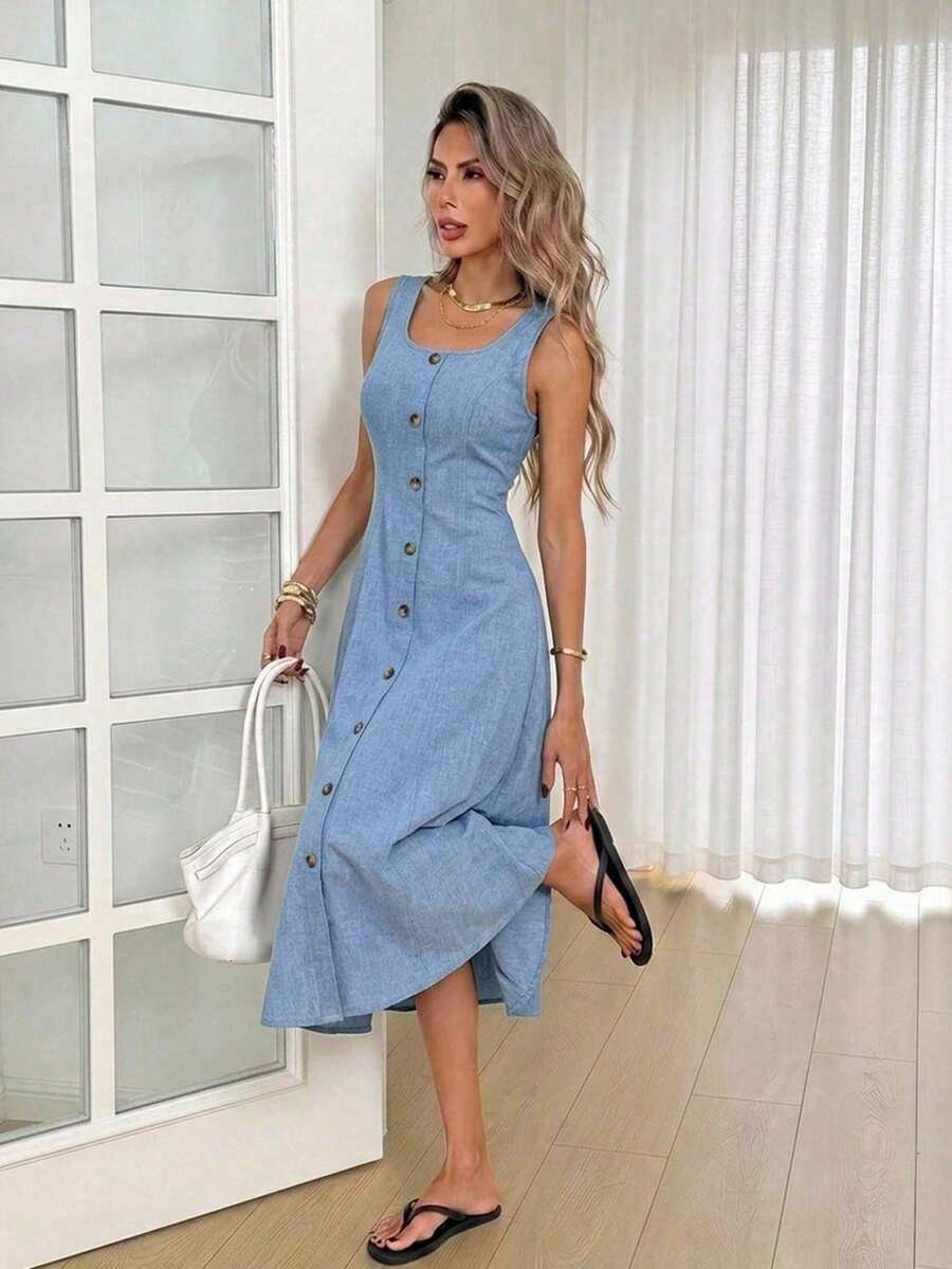 Easowa Robe mi-longue décontractée sans manches à col carré et design de boutons, couleur unie pour femmes - Bleu azur - Voir 1