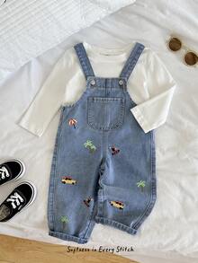 Cozy Pixies Overol de mezclilla con estampado de palmeras para bebé niño, cómodo y versátil - Azul - Ver 9