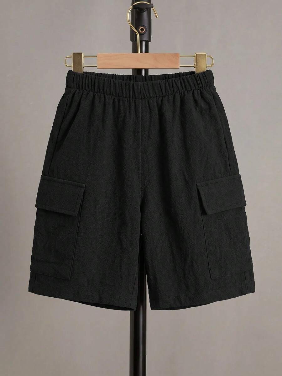 SHEIN 兒童青少年男孩休閒時尚側翻蓋口袋工裝短褲,舒適柔軟底盤運動服,海灘健身男孩套裝,舒適度假假期穿搭 - 彩色 - 查看 1