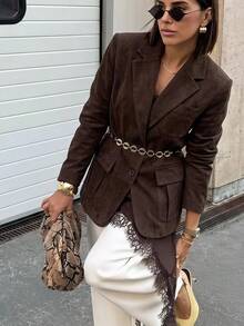 SHEIN x PRISCILA & JIMENA Anewsta Jaket Blazer Elegan Lengan Panjang dengan Banyak Saku, Bahan Suede Imitasi - Coklat - View 7