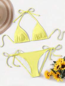 SHEIN Swim Vacation Beach Solid Color Two-Piece Swimsuit Set - Light Yellow - View 3