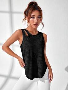 SHEIN Cheerettes 女款鏤空無袖圓領純色休閒運動背心，夏季 - 黑色 - 查看 4