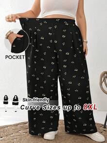 SHEIN CURVE+ 大尺碼女款休閒寬鬆舒適透氣日常百搭黑色花卉紋理彈性腰長褲，女裝下身褲，寬鬆褲，可愛夏季，歐式夏季，度假，機場哥特風 - 黑色 - 查看 8