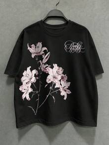 STEELVANCE Men's Letter & Floral Print Short Sleeve Crew Neck Casual T-Shirt - Black - View 3