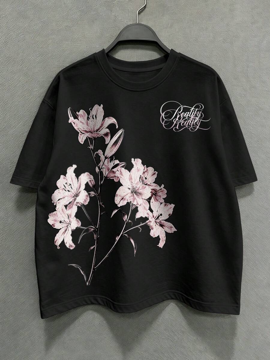 STEELVANCE Men's Letter & Floral Print Short Sleeve Crew Neck Casual T-Shirt - Black - View 1