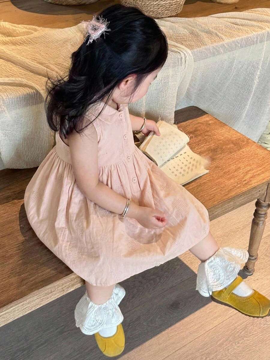 Dazy Kids 嬰兒女童圓領刺繡卡通可愛無袖中長洋裝 - 薑色 - 查看 1